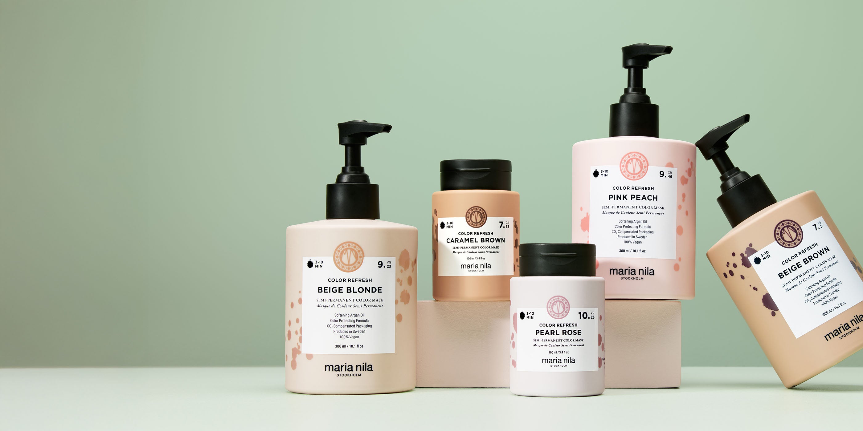 Collection of Maria Nila Color Refresh products on a light green background