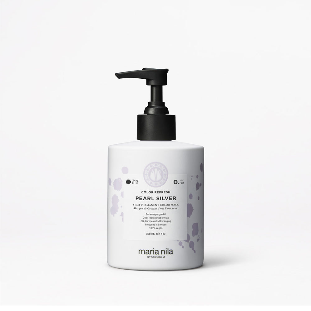 Maria Nila hair color refresh pearl silver bottle with pump on a white background
