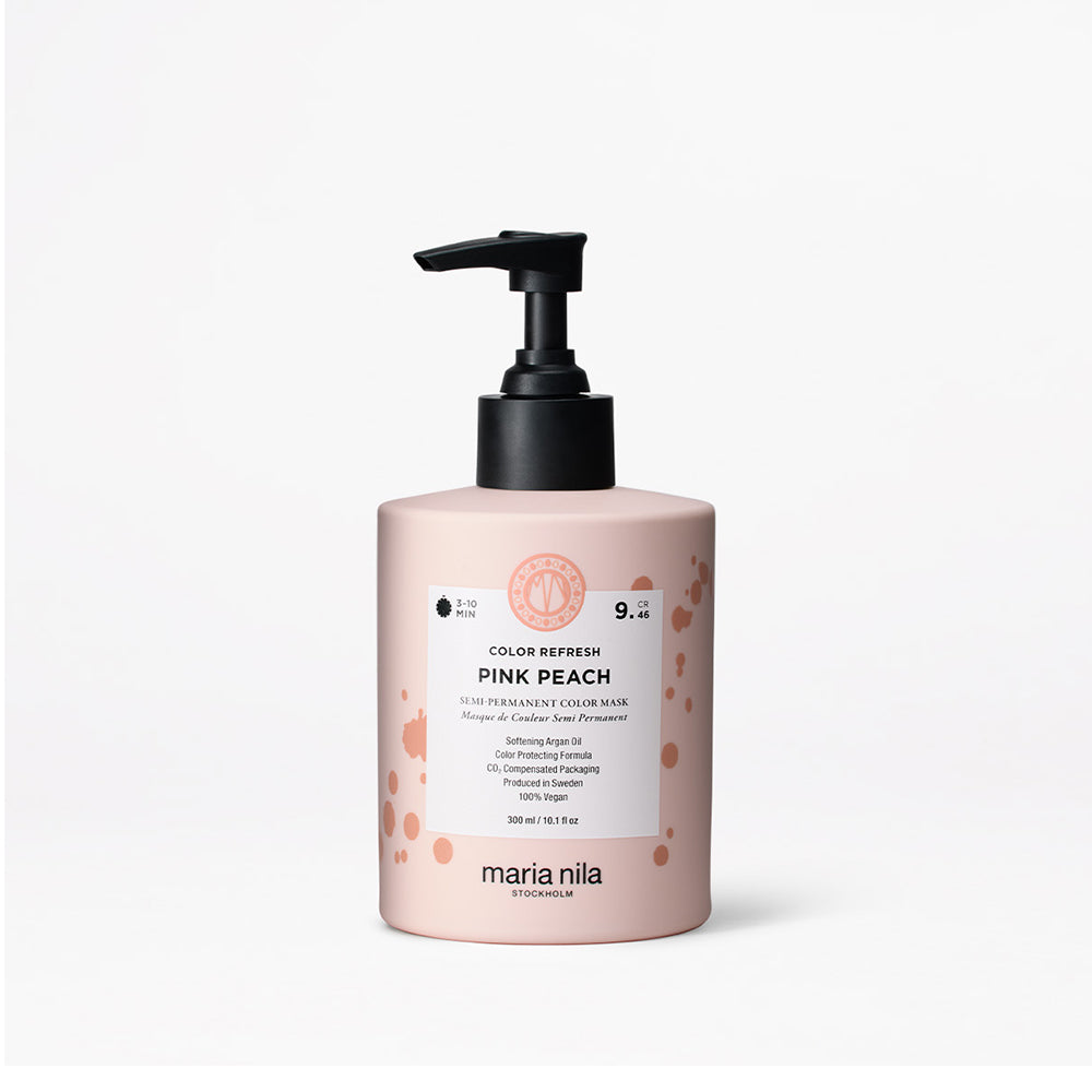 Maria Nila Color Refresh Pink Peach bottle with black pump on white background.